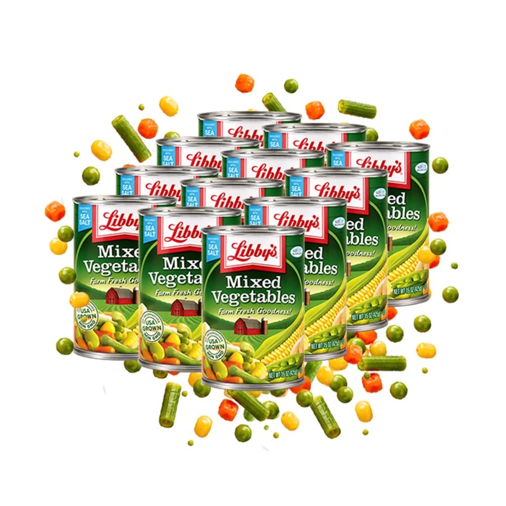 Libby's Mixed Vegetables | Delicious Vegetable Favorites | Colorful Carrots, Potatoes, Peas, Corn, Green Beans, Celery, Lima Beans | Seasoned with Sea Salt | Grown in the USA | 15 oz (Pack of 12)