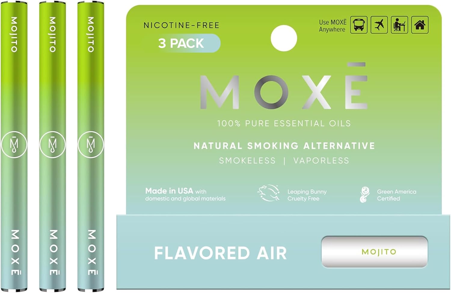 MOXE Natural Mojito Air Inhaler | Non Electric Long-Lasting Flavored Air Refreshing Support | Oral Fixation Peppermint, Lime, Bergamot & Menthol Essential Oils, Craving Relief - 3 Pack
