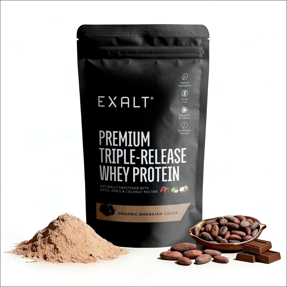 EXALT Nutrition - Whey Protein Powder - Ghanaian Cacao - 500g - Premium Grass Fed Whey - Micellar Casein & Free Range Egg White - 7hr Triple-Release Blend - Naturally Sweetened with Dates