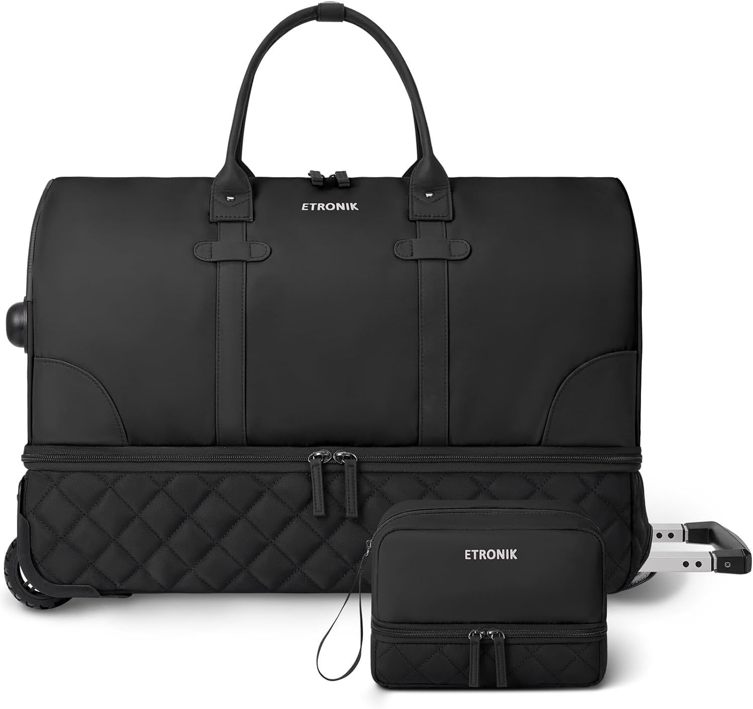 ETRONIK Rolling Duffle Bag with Wheels, 21 Inch Flight Approved Duffle Bag for Travel with Toiletry Bag, Carry on Luggage Weekender Bags for Women with Shoe Compartment, Black