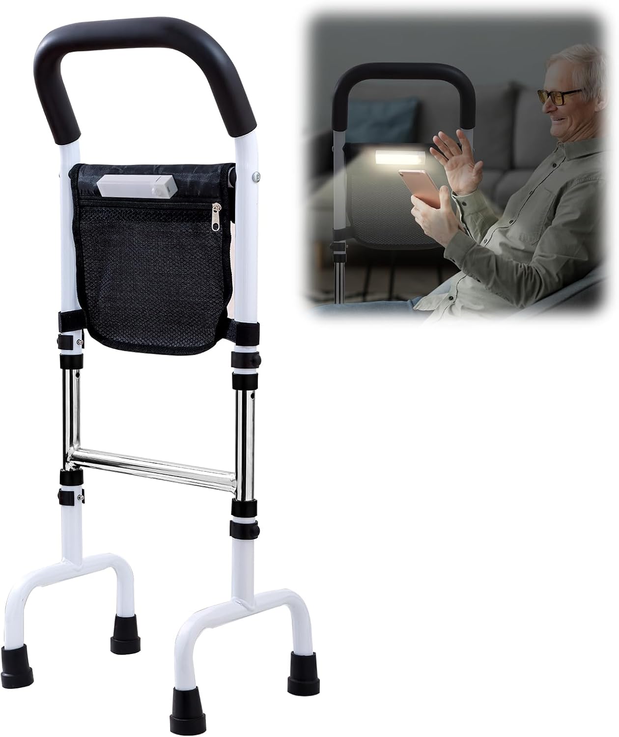 Standing Aid for Elderly Adults, Walking Aids for the Elderly, Mobility Aids Stair Lift for Seniors, with Motion Light, with Storage Pocket, Adjustable Height, Load-bearing 136 kg, for Bed Toilet Sofa