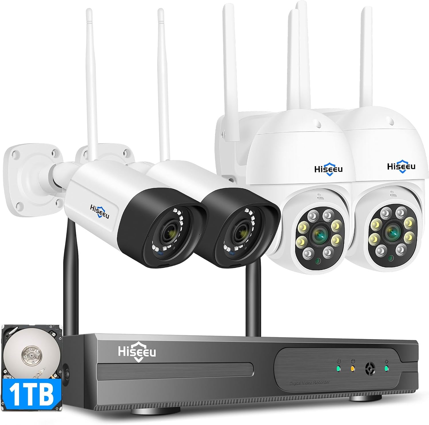 Hiseeu Wireless Security Camera System,5MP PTZ Camera + Bullet Camera CCTV Camera System With 2-Way Audio,IP66 Waterproof, Color Night Vision, Motion Detection,1TB HDD