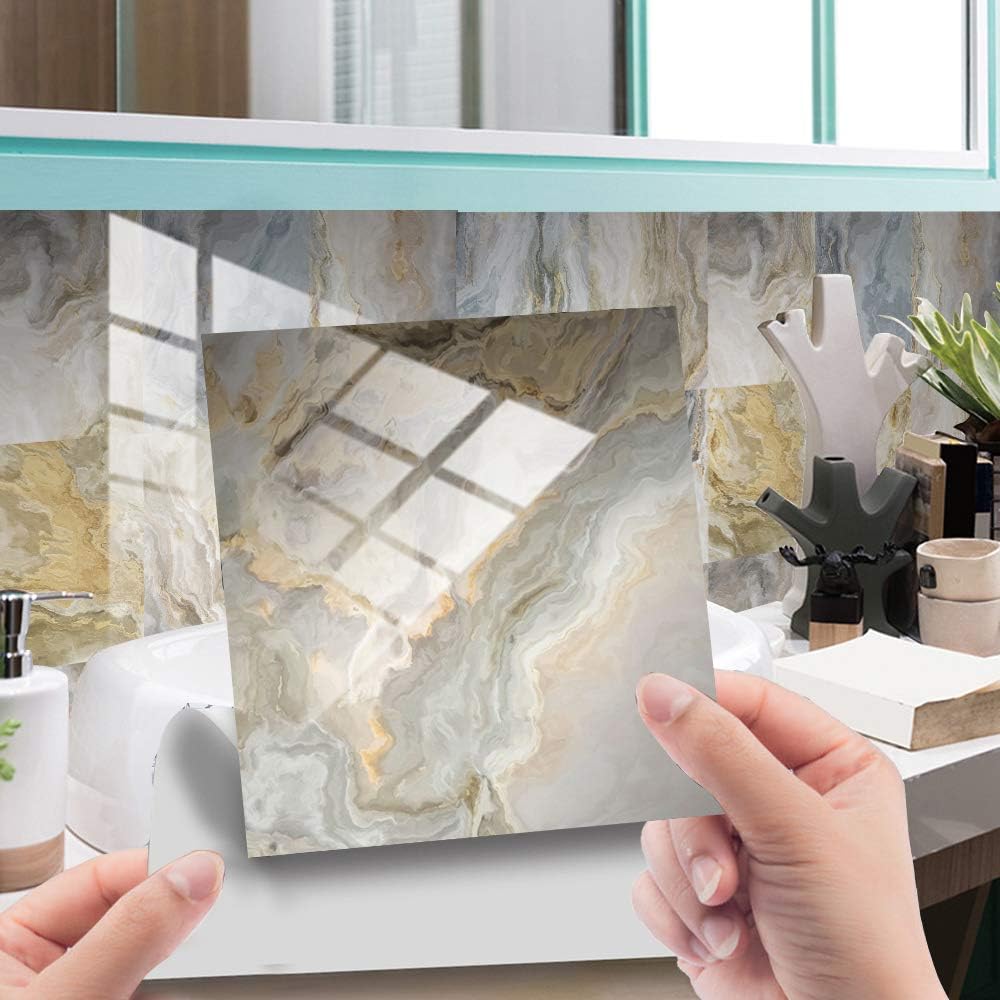 HORIWE Marble Tile Stickers for Kitchen Bathroom Backsplash PVC Waterproof Oil Proof DIY Self Adhesive New Wall Stickers Home Decor 8x8 Inches 20pc