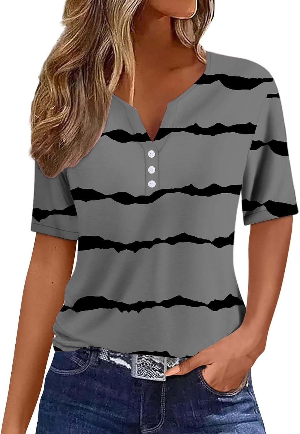 Angxiwan Oversized T Shirt Women Women's Fashion Casual Striped Button Short Sleeve Top T Shirt Plus Size Womens Tops Beach Shirts for Women Cotton Tee Shirts for Women