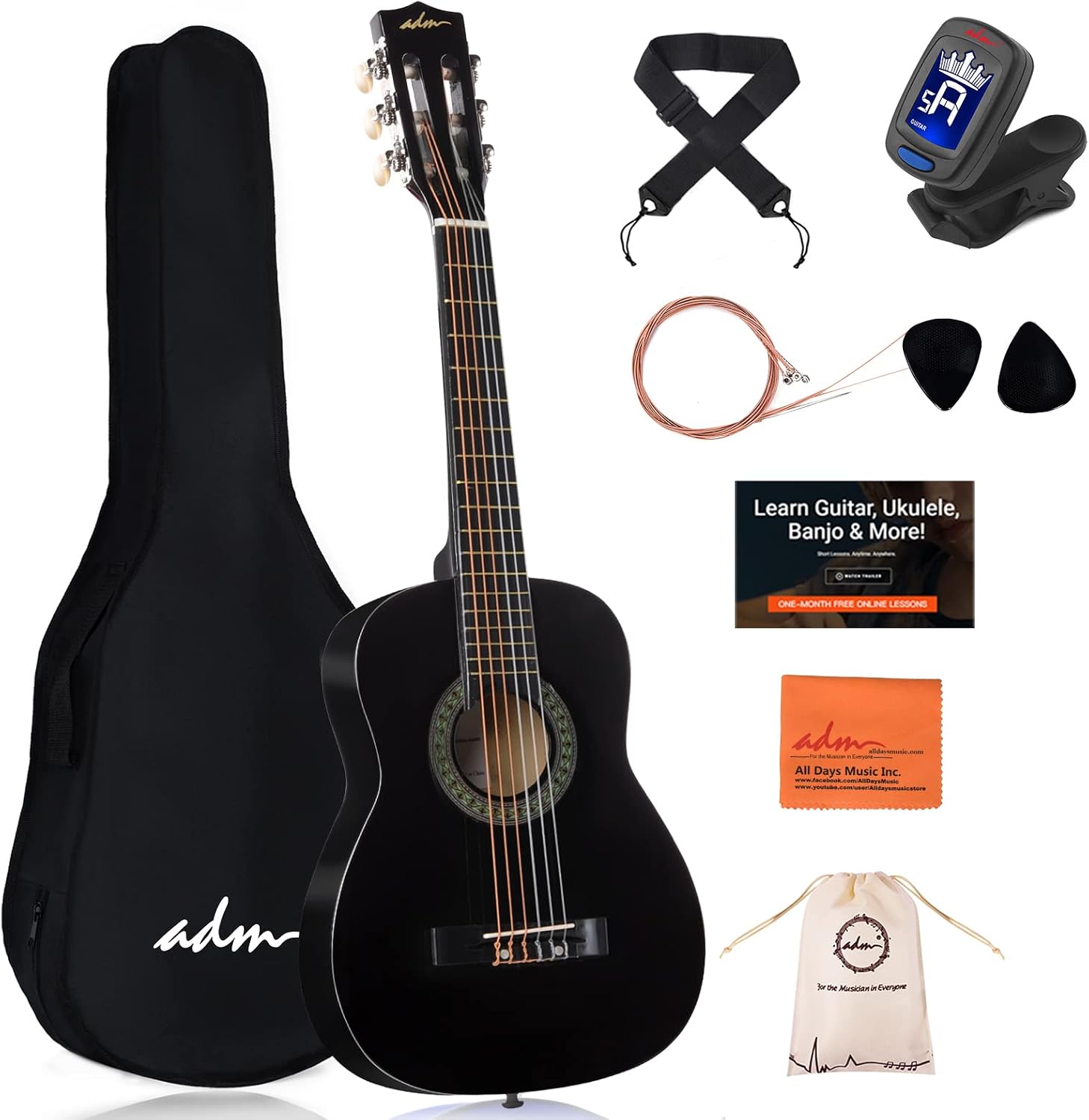 ADM 1/4 Kids Classical Guitar Kit, Junior Guitar Set for Beginnner with Gig Bag, Clip on Tuner, Strap, Picks, Extra Strings, Storage Bag and Cleaning Cloth (Bright Black, 30")