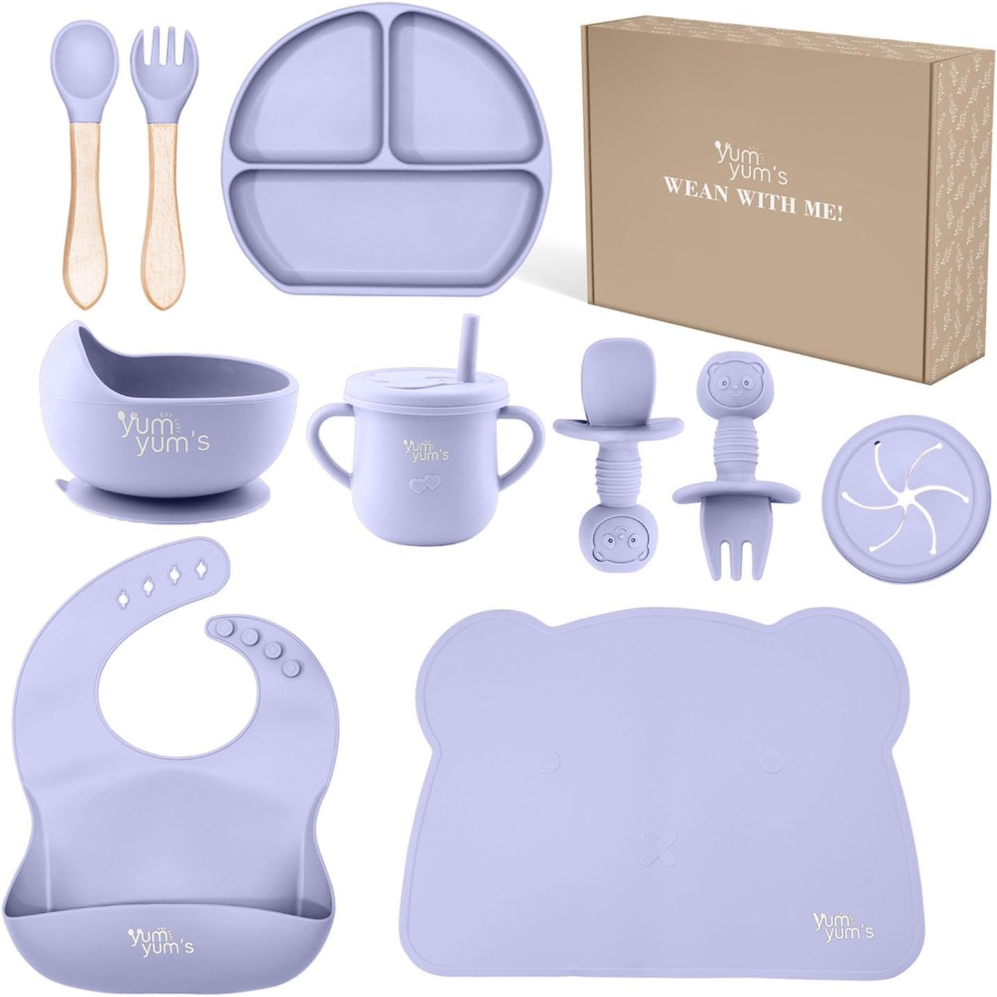 Yum Yum's Baby 10 Pcs Lavender Weaning Set - Complete Toddler Feeding Kit w/Sectioned Plate, Suction Bowls, Cutlery with Mouth Guard, Straw Cup, Bib & Mat - Non-Slip - for Toddlers & Baby Gift