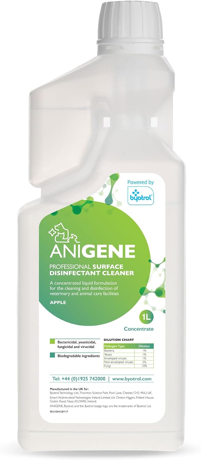 ANIGENE Surface Disinfectant Cleaner (1 Litre – Apple Scent) - Disinfectant Solution For Use Around Animals & Pets, Kills Bacteria, Viruses, Fungi & Yeast – Non-Corrosive In Use - Made In The UK