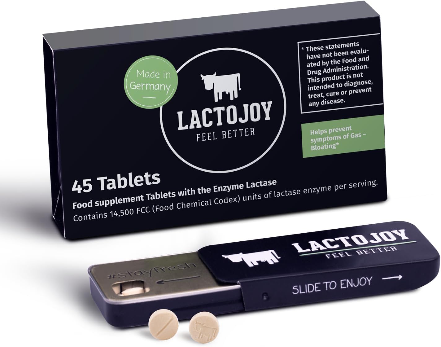 LactoJoy Lactase Tablets | Helps with Lactose Intolerance | Contains 45 Pcs. of Extra-Strength Dose (14,500 FCC) Lactase Enzyme Tablets | 100% Vegan | Supports The Lactose Digestion