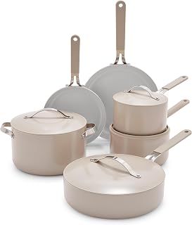 GreenLife Dream 10-Piece Ceramic Nonstick Cookware Set, Pots Frying & Sauce Pans, PFAS-Free & PFOA-Free, Dishwasher & Oven Safe, Stay-Cool Handles, Durable Aluminum Body, Versatile Cooking, Taupe