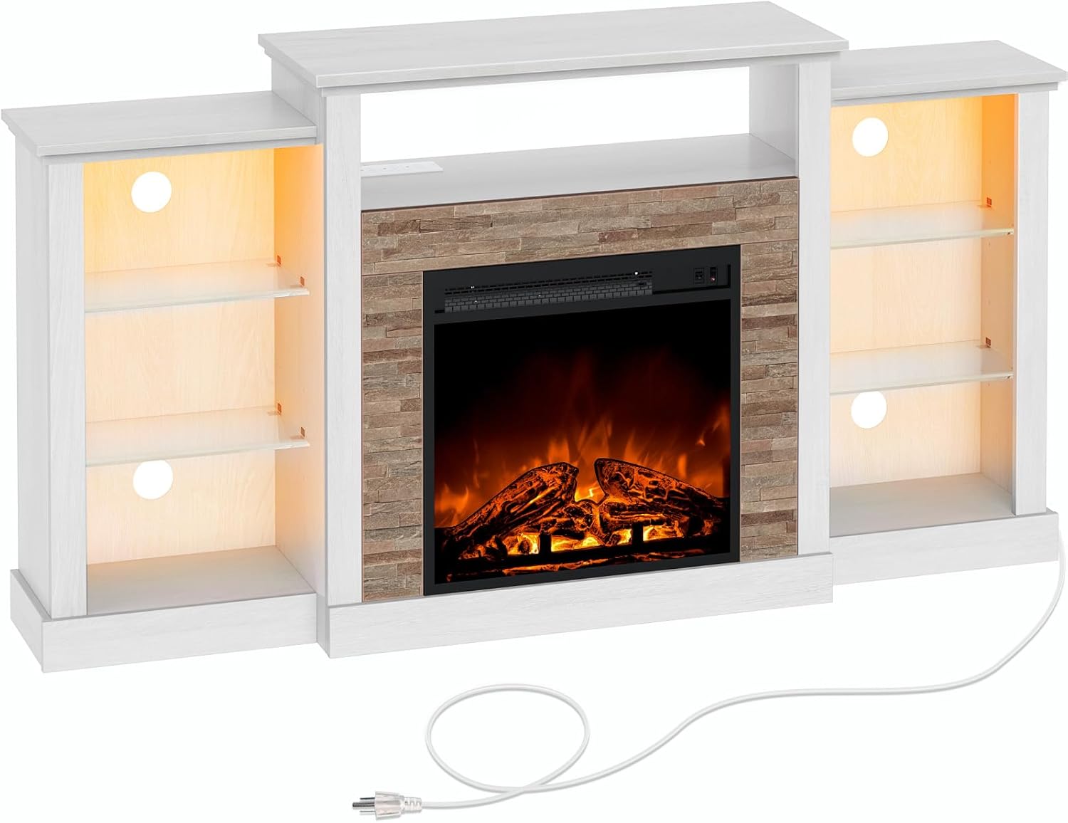 Rolanstar Fireplace TV Stand with LED Lights and Power Outlets, TV Console for 32" 43" 50" 55" 65", Entertainment Center with Adjustable Glass Shelves, Ivory White