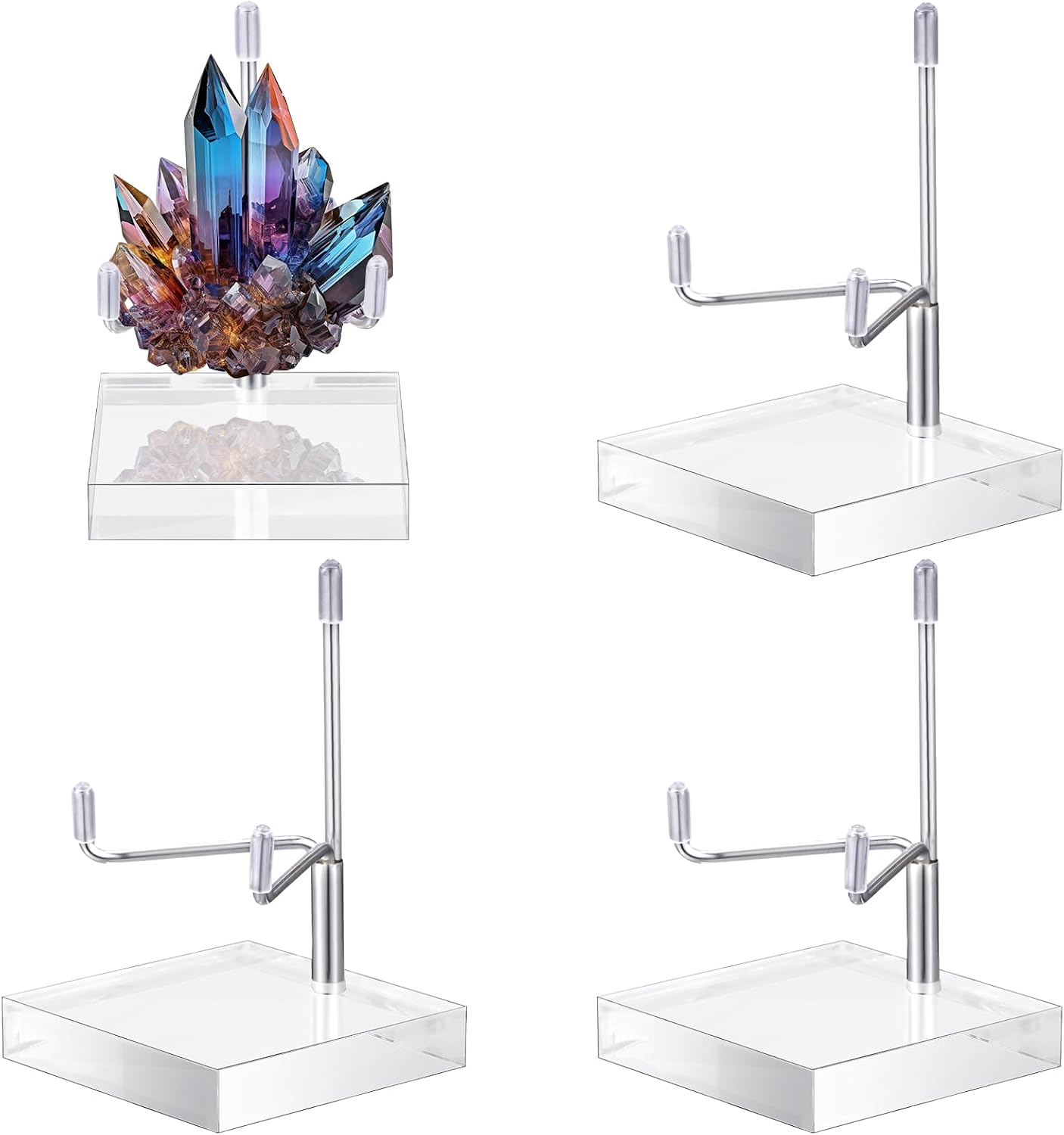 Suzile 4 Pcs Adjustable Metal Arm Display Stand Easel with Acrylic Base Rock Display Easel Holder Acrylic Crystal Clear Plate Stand for Geodes Mineral Agate (Silver, 2.4 x 2.4 x 3.5 Inch)