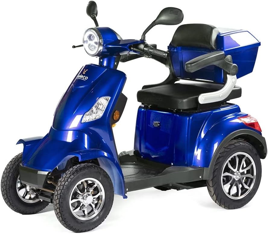 VELECO Faster - 4 Wheeled Mobility Device - Fully Assembled and Ready to use - Safe and Stable - Alarm - Spacious Storage & Cupholder(Blue)