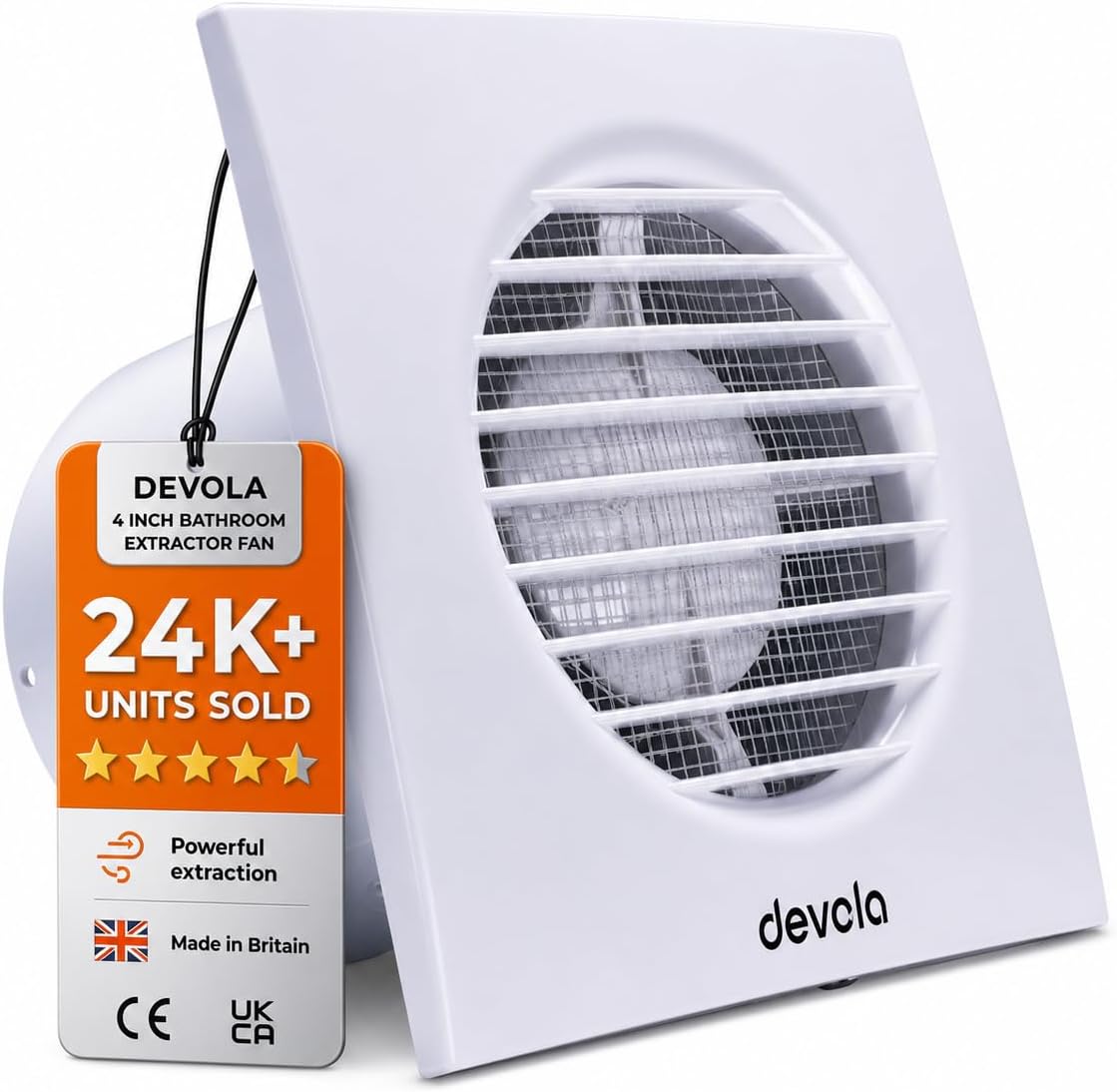 Devola 100mm Standard Axial Bathroom Extractor Fan, 4 Inch Bathroom Fan, Kitchen Fan, Made in Britain (Standard Model) - DVF100