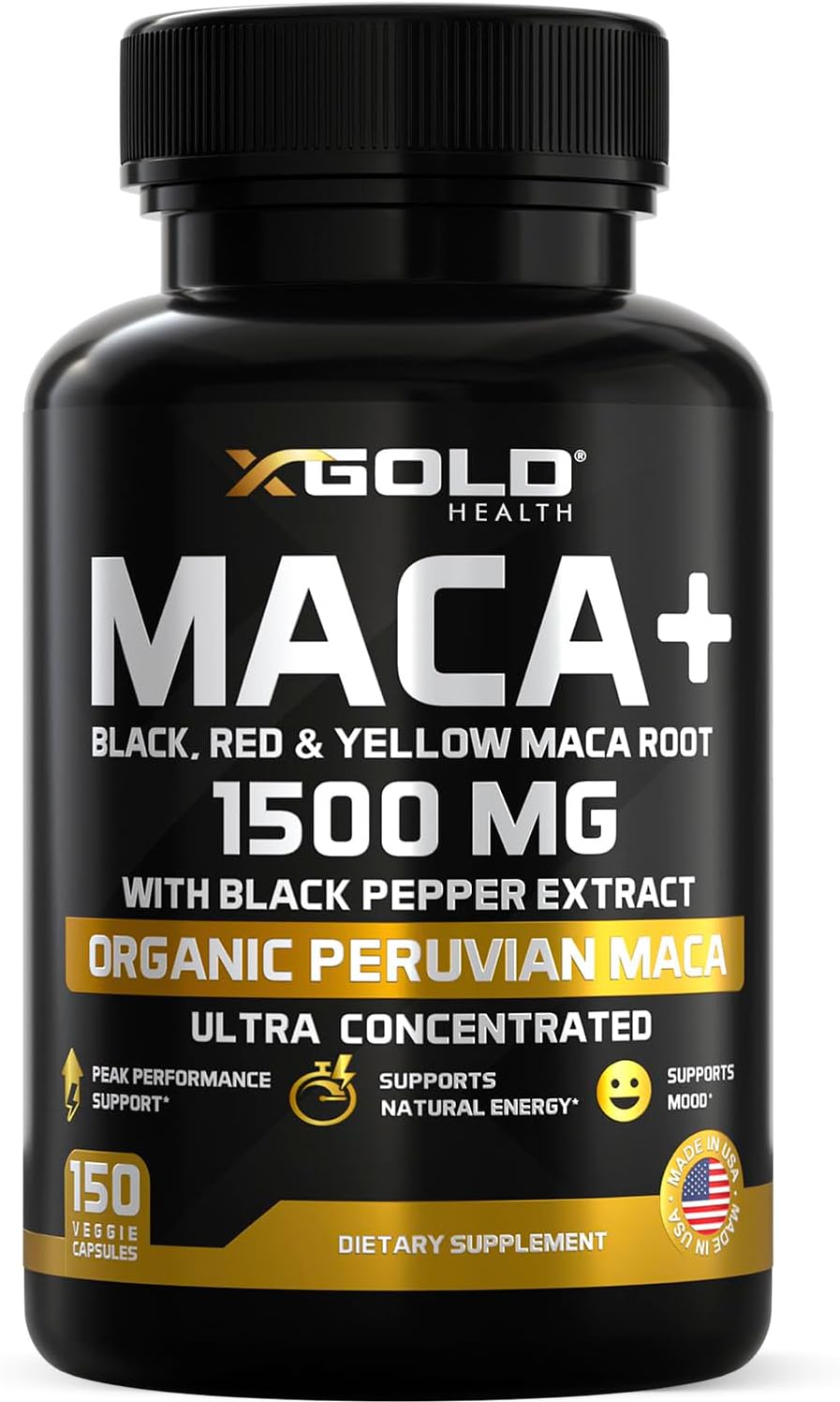 X Gold Health Maca Root 1500mg for Energy & Libido – Organic Peruvian Black, Red & Yellow Maca Blend – Hormone Balance & Vitality Support for Men & Women – Vegan, Non-GMO, 150 Capsules