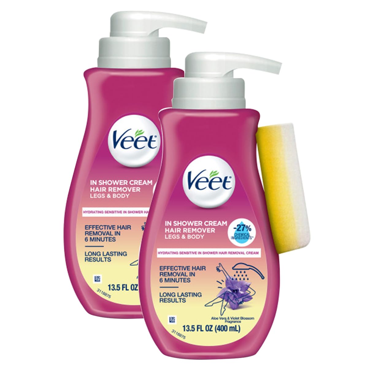 Veet Sensitive Formula with Aloe Vera In Shower 13.5 Fl Oz. Hair Removal Cream for Legs & Body (2 Pack)