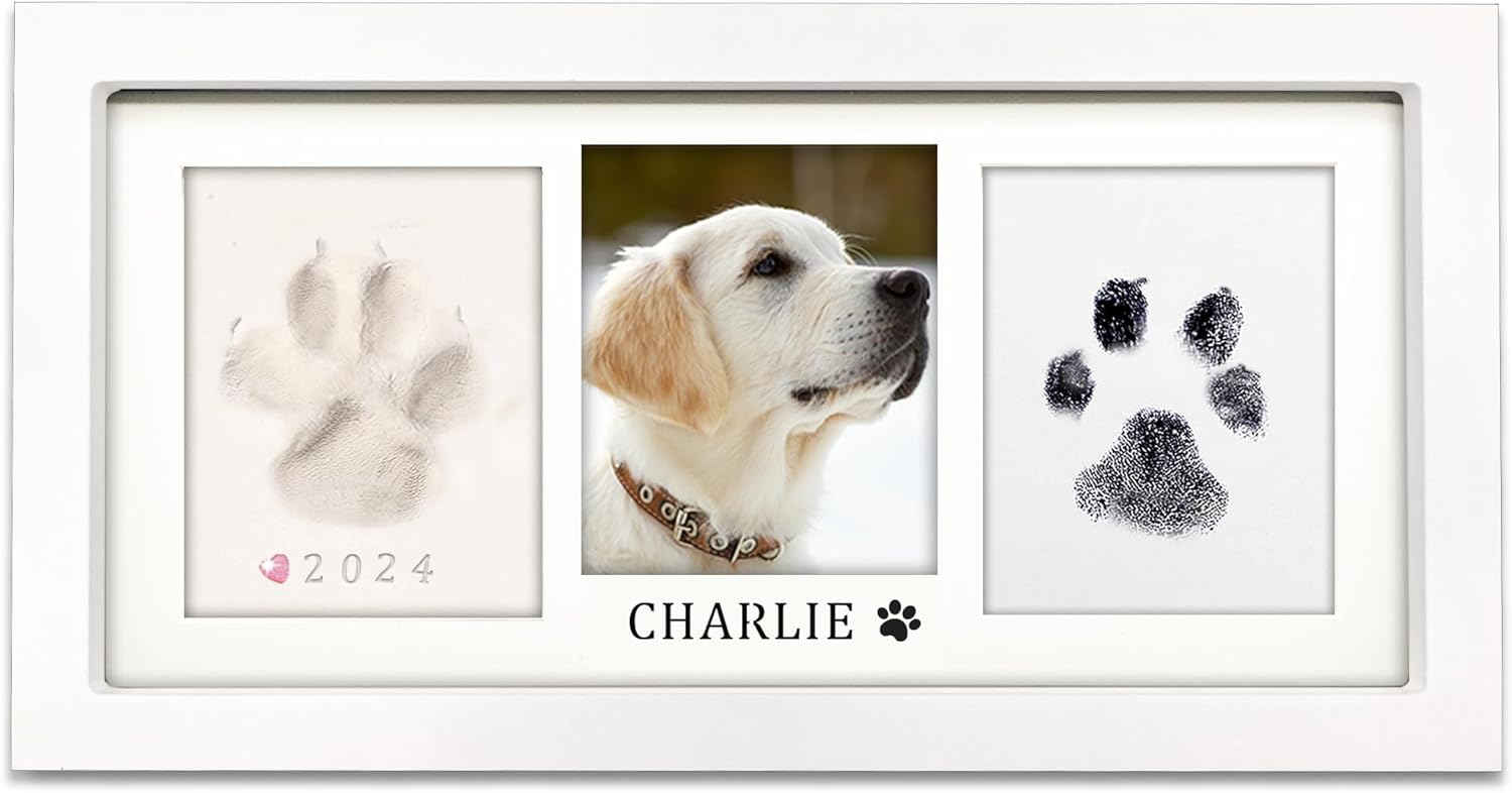 MYPAWLETS Paw Print Frame Kit,Dog/Cat Paw Print Kit,Soft Pawprint Clay&Clean Touch Ink Pad,Pet Paw Print Impression Kit with Customization Tool,Wooden Pet Memorial Frame,DIY Dog Lover Gifts-White