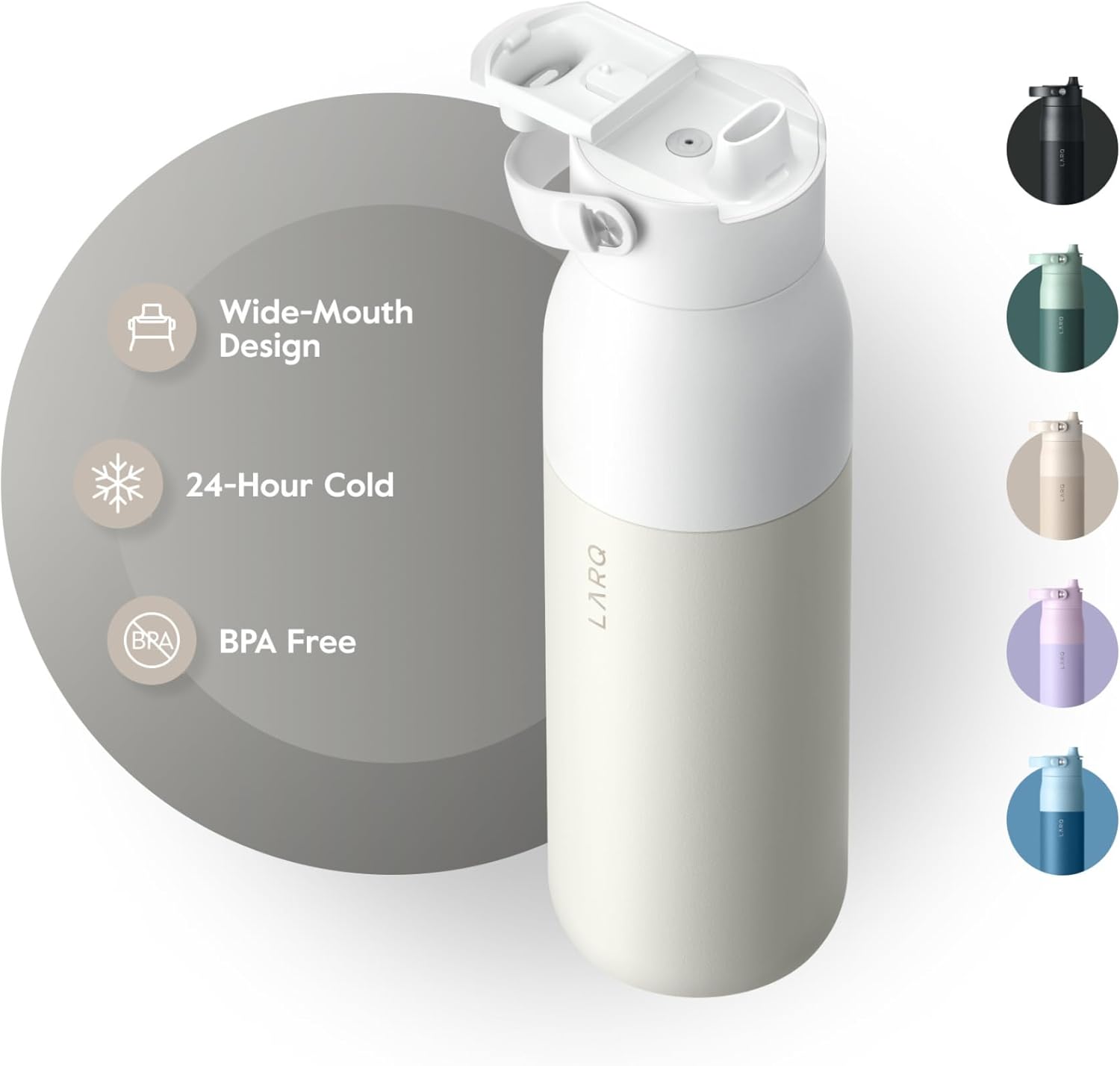 LARQ Bottle Swig Top 23oz - Insulated Stainless Steel Water Bottle with Built-in Silicone Handle | Thermos, BPA Free | Reusable Water Bottle for Sports, Gym, and Travel, Granite White