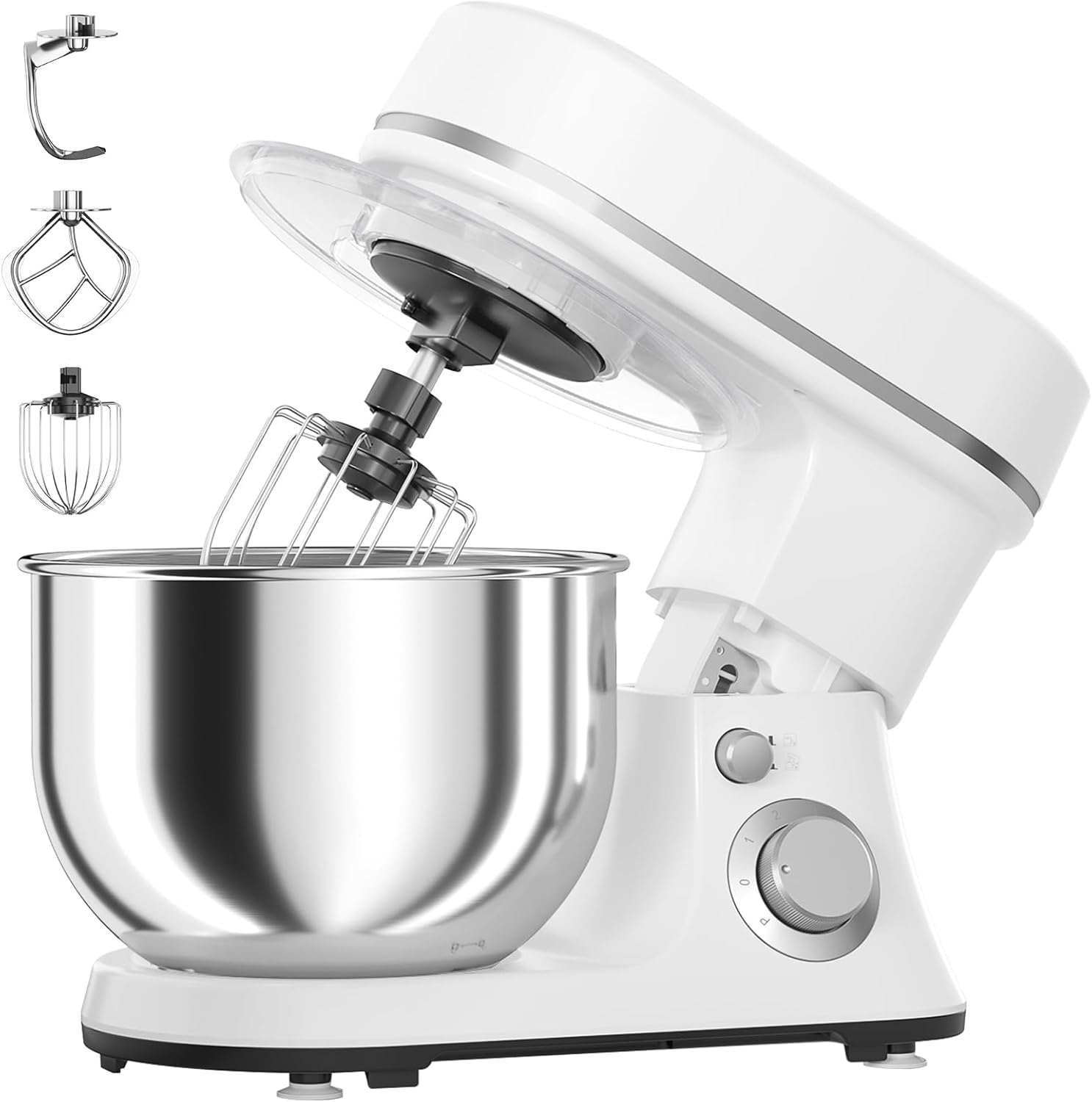 800W Stand Mixer with 5.3QT Stainless Steel Bowl - 6+P Adjustable Speed Electric Kitchen Mixer with Dough Hook, Whisk & Beater, Tilt-Head & Non-Slip Design- White (YD-385NS)