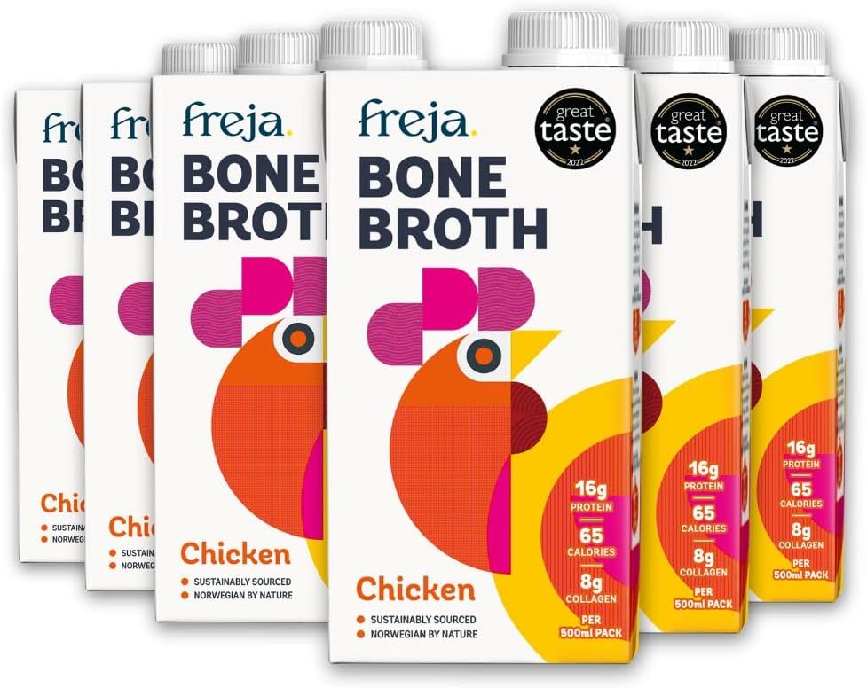 Freja Chicken Bone Broth | Free Range | Collagen, Protein & Amino Acids | Low Carb & Gluten Free | Clear Liquid Broth, not Chicken Stock Cubes, Powder or Concentrate | 12 x 500ml