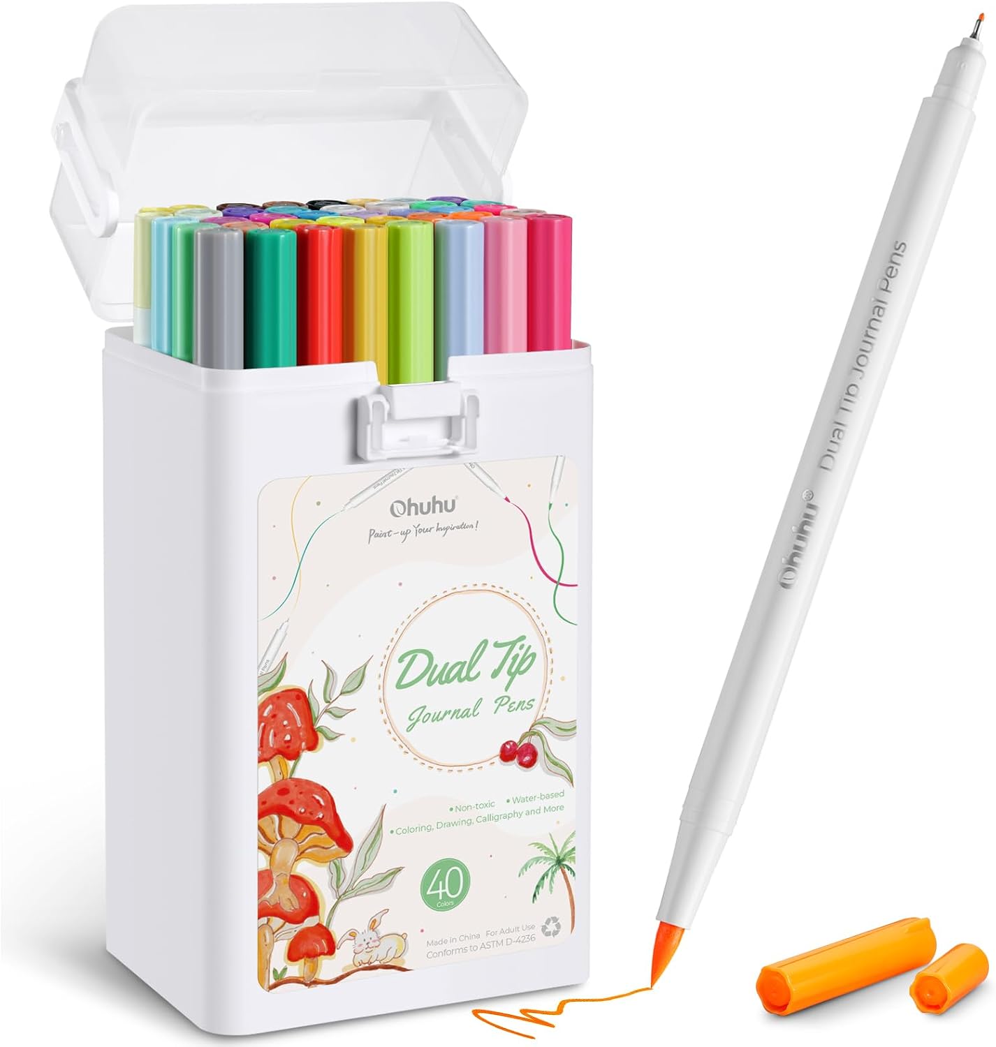 Ohuhu Dual Tip Brush & Fineliner Art Markers - 40 Colours Journaling Pens for Bullet Journals, Calligraphy & Lettering - Water-Based Colouring Markers for Adults, Card Making & Art Projects