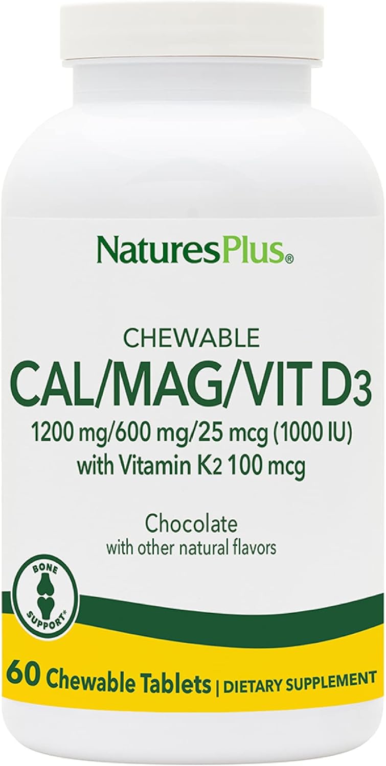 NaturesPlus Cal/Mag/VIT D3 with Vitamin K2-60 Chewable Tablets - Chocolate Flavor - Calcium, Magnesium, Vitamin D3 & K2 Bone Health Support Supplement - 30 Servings