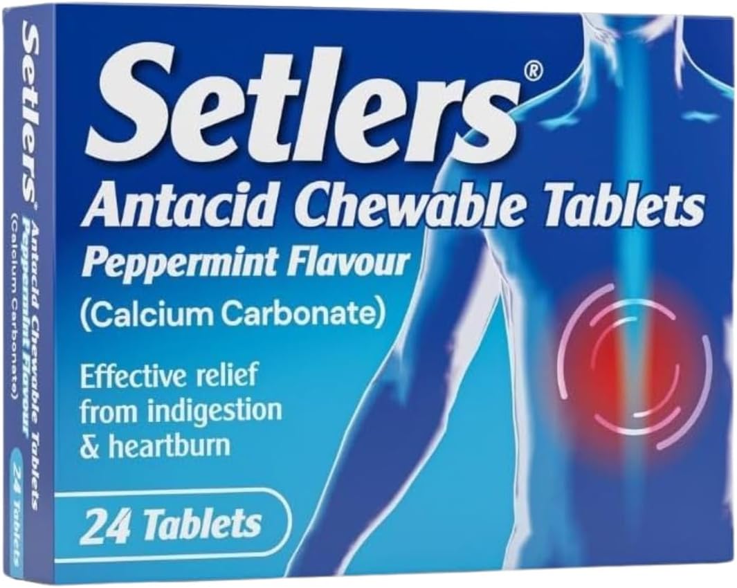 Setlers Antacid Chewable Tablets, Peppermint Flavour, 24 Pack, Contains Calcium Carbonate, Effective Relief from Indigestion and Heartburn, Tackles Acid Reflux