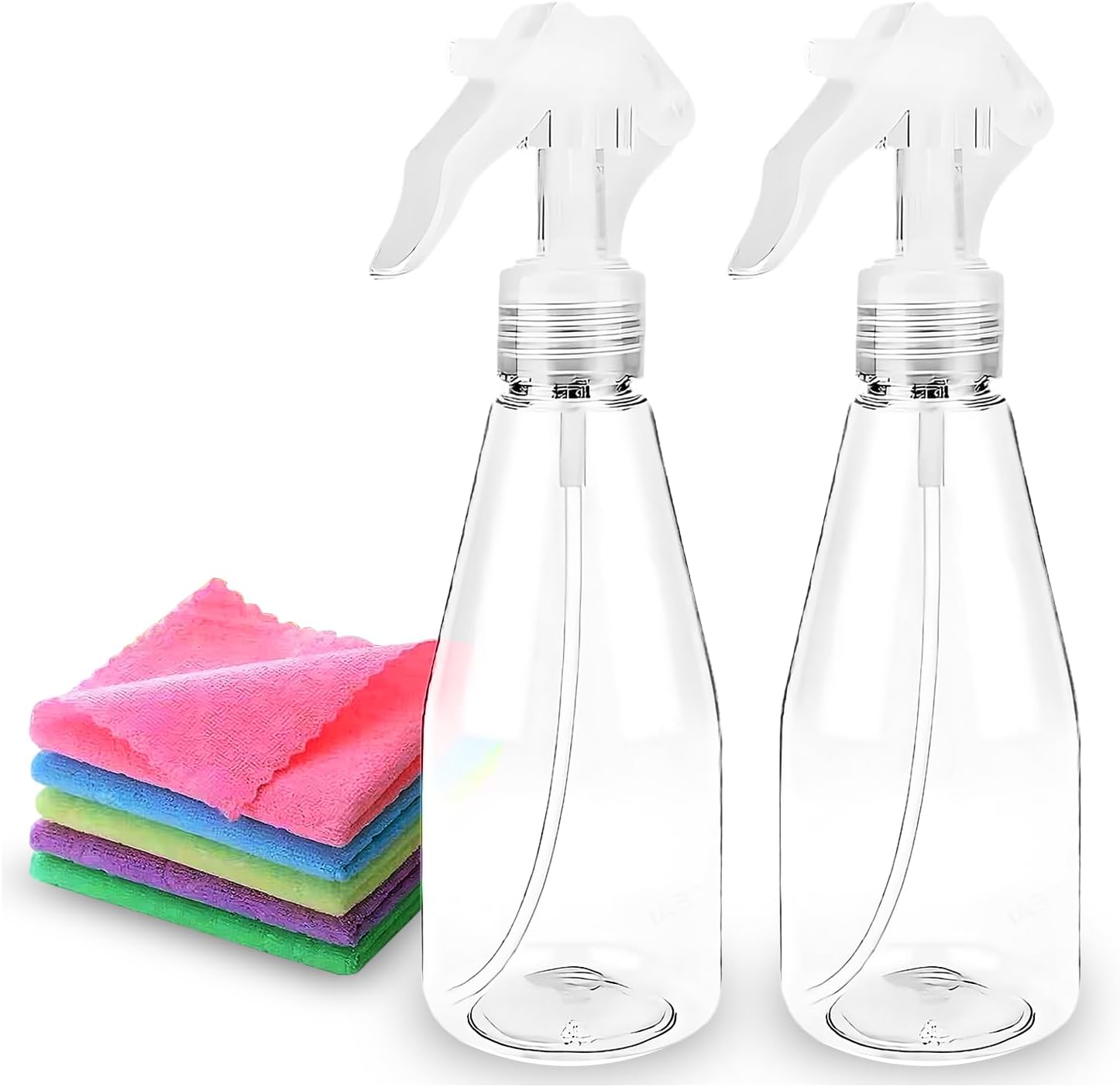 BRONZLO® Spray Bottles Pack of 2 200ml Water Spray Bottles Plant Mist Clear Empty Plastic Sprayers for Gardening, Cleaning, Air Freshening, Essential Oil - WIth 2X Kitchen Cleaning Cloth