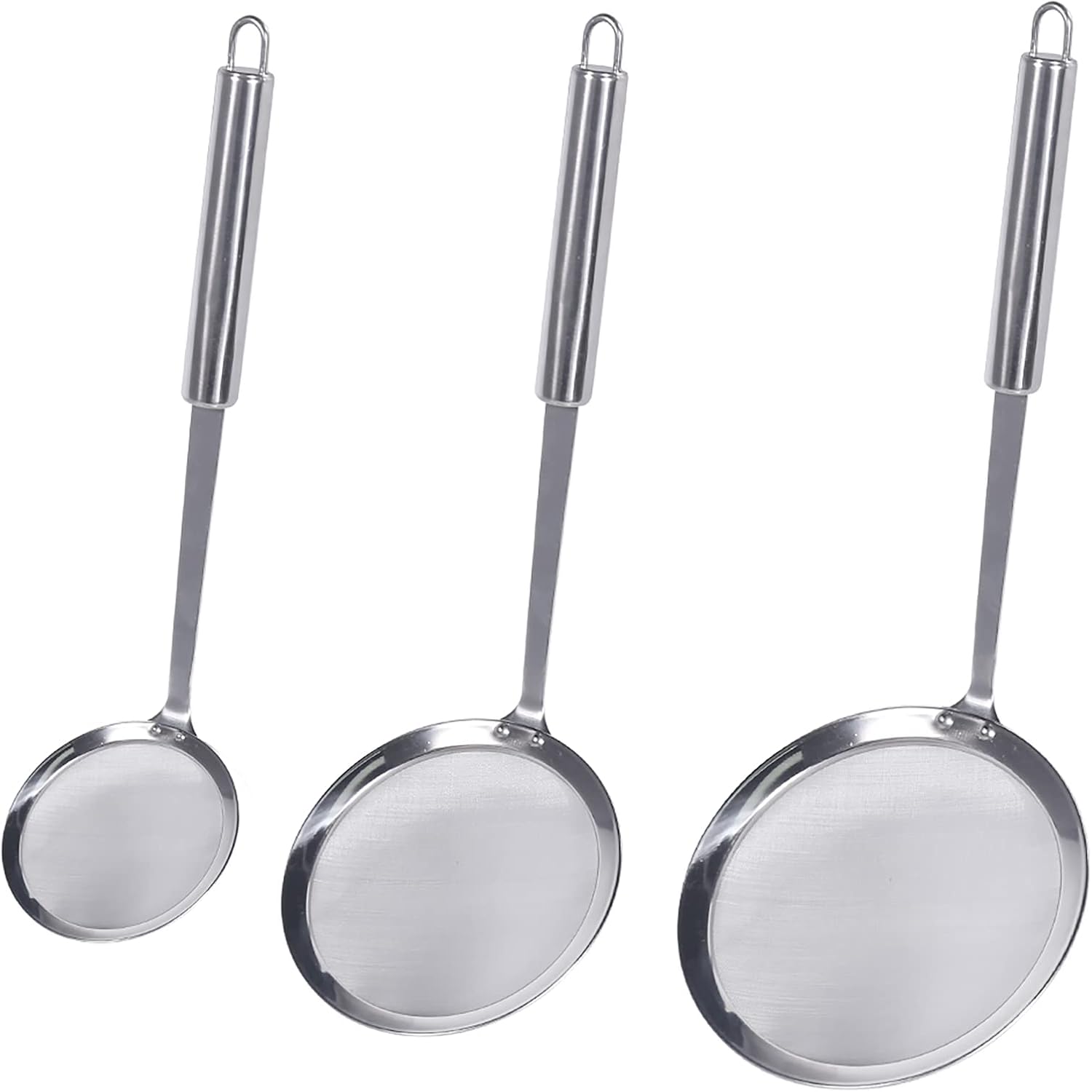 Newness Fine Mesh Skimmer Spoon, Professional 304 Stainless Steel Hot Pot Fat Strainer for Oil Filter Skimming Grease and Foam, Durable Multi-Functional Kitchen Cooking Mesh Food Strainer Ladle-3 Pack