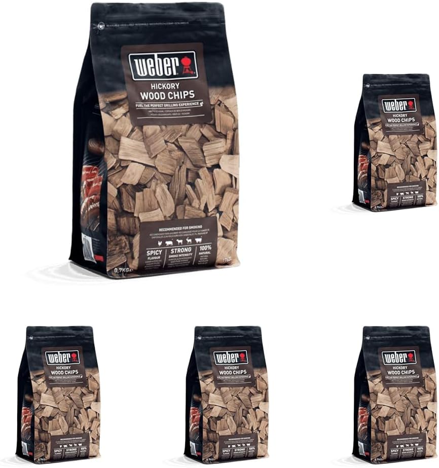 Weber Hickory Wood Chips - Hardwood Cooking Pellets, 0.7 kg, BBQ Smoker Fuel, Alternative to Briquettes, 100% Natural for Wood Fired Grills (Pack of 5)