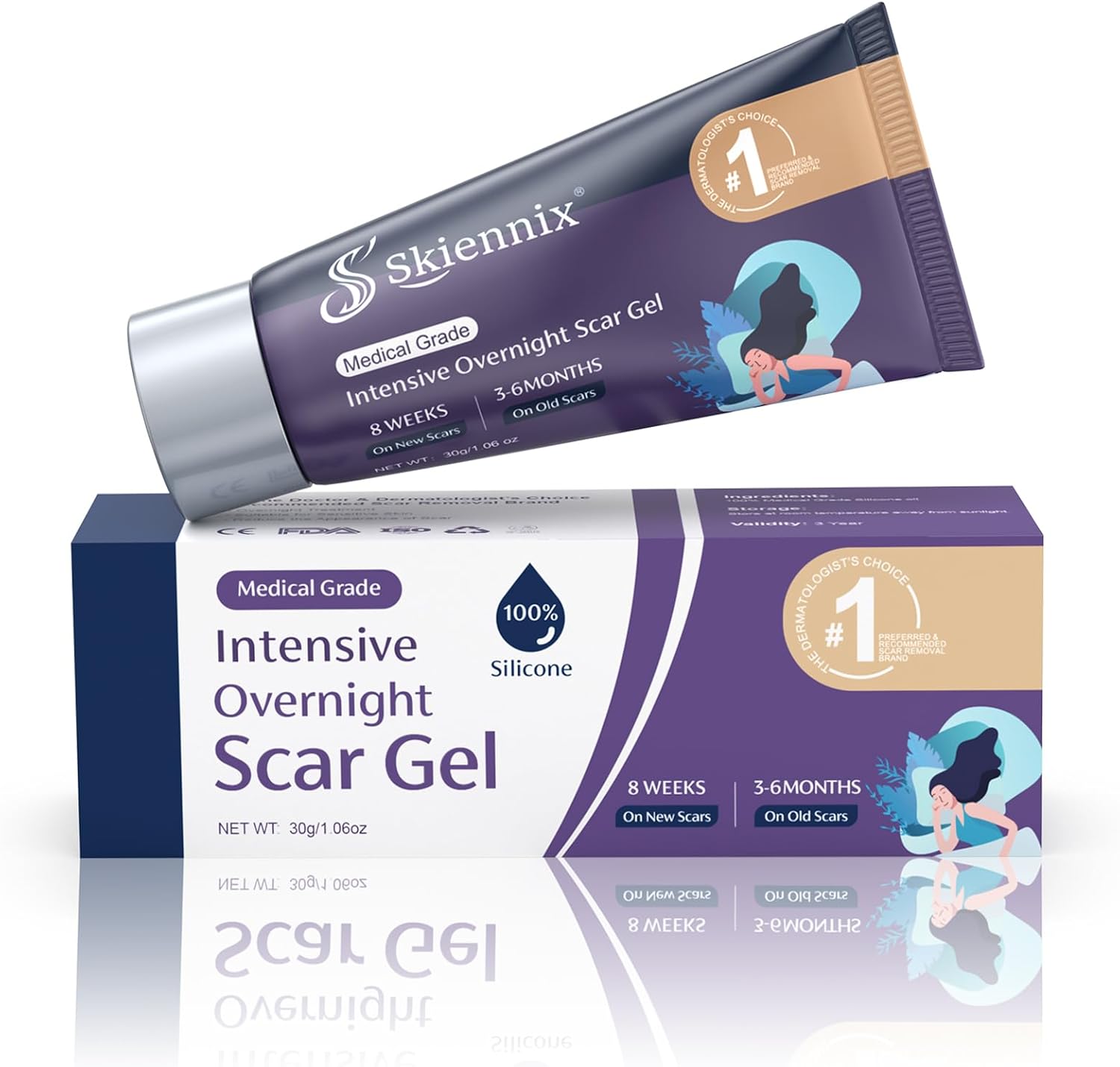 Skiennix PM Intensive Overnight Scar Cream, 100% Silicone Scar Gel Treatment for Surgical Scars, C-Section, Stretch Marks, Injury, Burns, Keloids, Scar Removal for Adult & Child 1.06oz