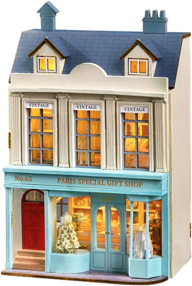CUTEROOM Miniature House Kit, Wooden Doll House Kit Mini House Making Kit with Furnitures and LED Light, DIY House Kit for Adults Birthday Gift for Women and Girls (Gift Shop)