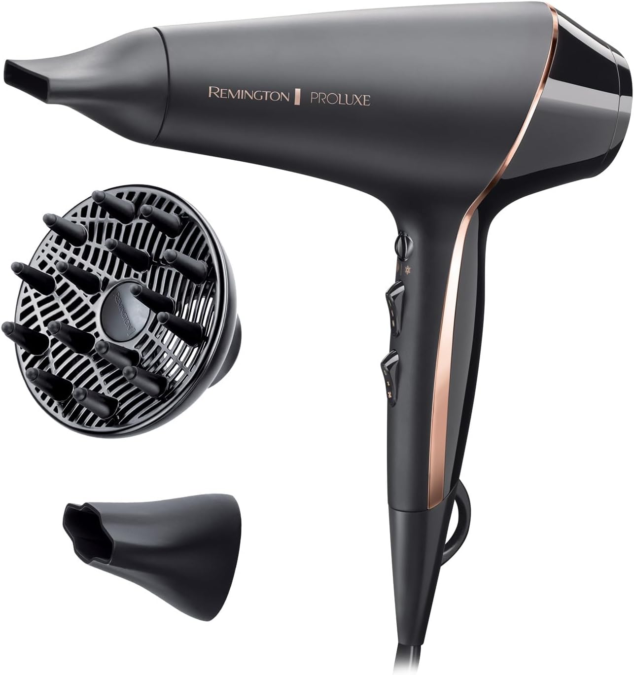 Remington PROluxe Midnight Hair Dryer (OPTIheat Technology for Long-Lasting Results, Ionic Conditioning for Frizz Free Hair, Diffuser, 2 Concentrators, Powerful, Professional, 2400W, Black) AC9140B