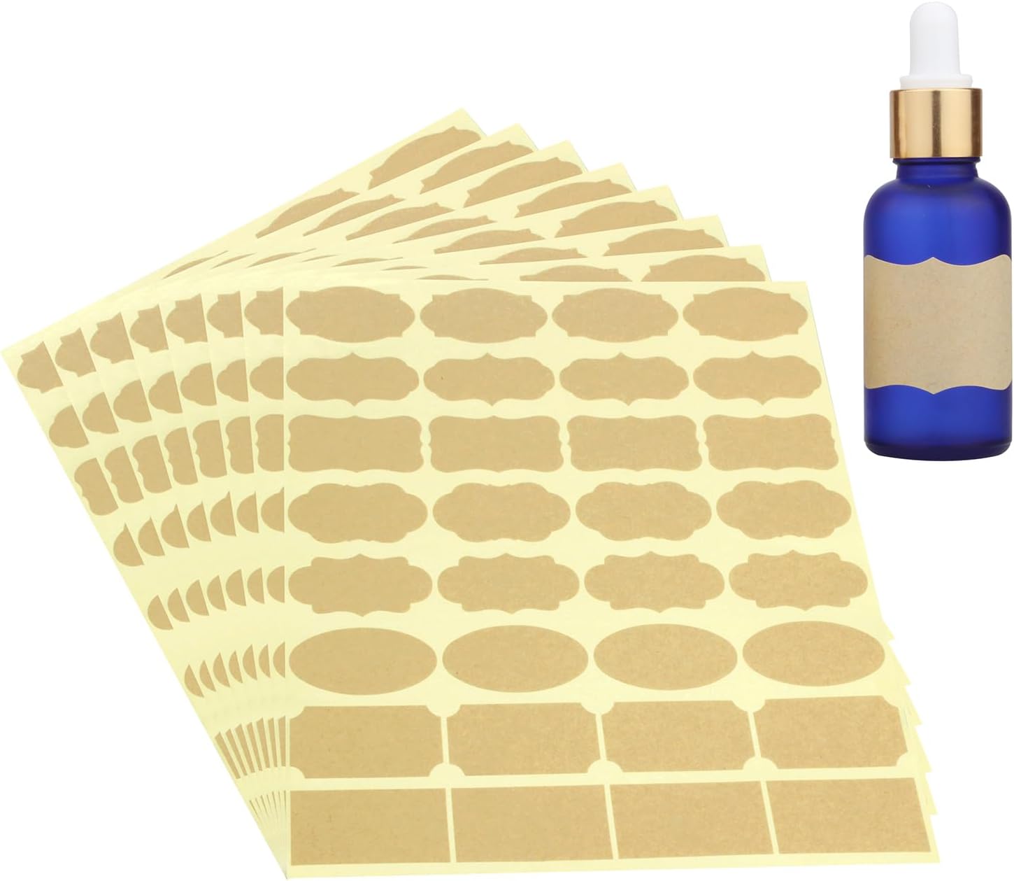 Wisdompro Fancy Shape Kraft Label Stickers, 256 Pcs Self Adhesive Gift Tag Stickers, Blank Sticky Labels for Essential Oil Bottles, Spice/Jam Jars, Food Containers - Small