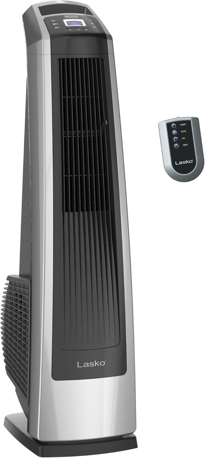 Lasko High Velocity Oscillating Tower Fan with Remote Control - Quiet Standing Fan for Bedroom, Office, and Home - 3 Speeds - Powerful Cooling Air - U35115 - 35" Tall - Silver and Black