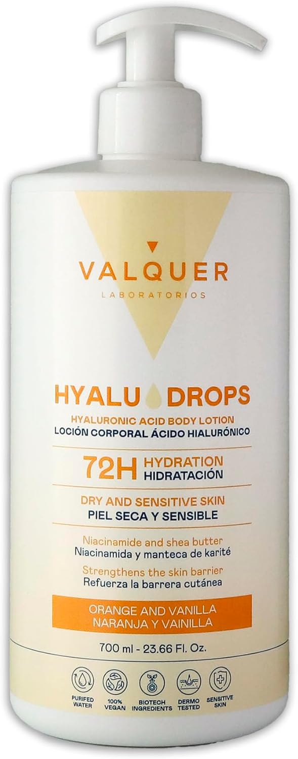 Valquer Hyaludrops Orange & Vanilla Body Moisturizing Cream. Lotion for Dry and Sensitive Skin, Up to 72 Hours of Nourishing Hydration with Hyaluronic Acid, Niacinamide and Shea Butter. 700 ml.