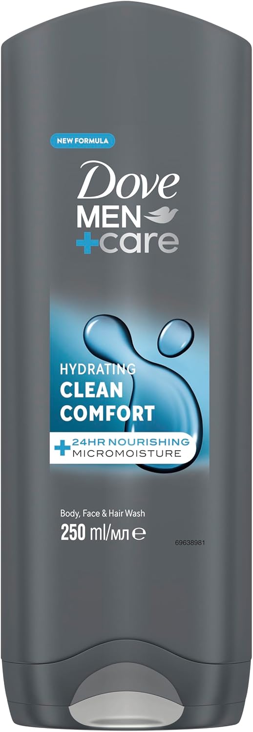 Dove Men+Care Hydrating Clean Comfort 3-in-1 Hair, Body and Face Wash Body Cleanser shower gel with 24 hour nourishing MicroMoisture technology for relaxed and re-energised skin 250 ml