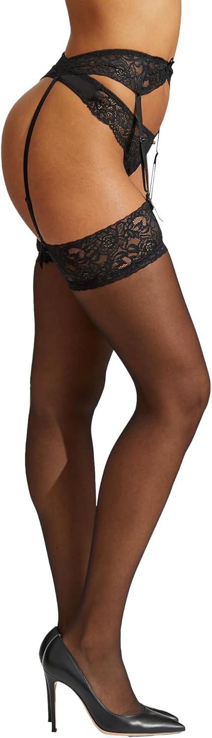Ann Summers Glossy Stockings and Suspenders Set Lace Trimmed Suspender Tights with Lace Suspender Belt for a Glossy, Polished Look - Genuine Hosiery & Lingerie for Women