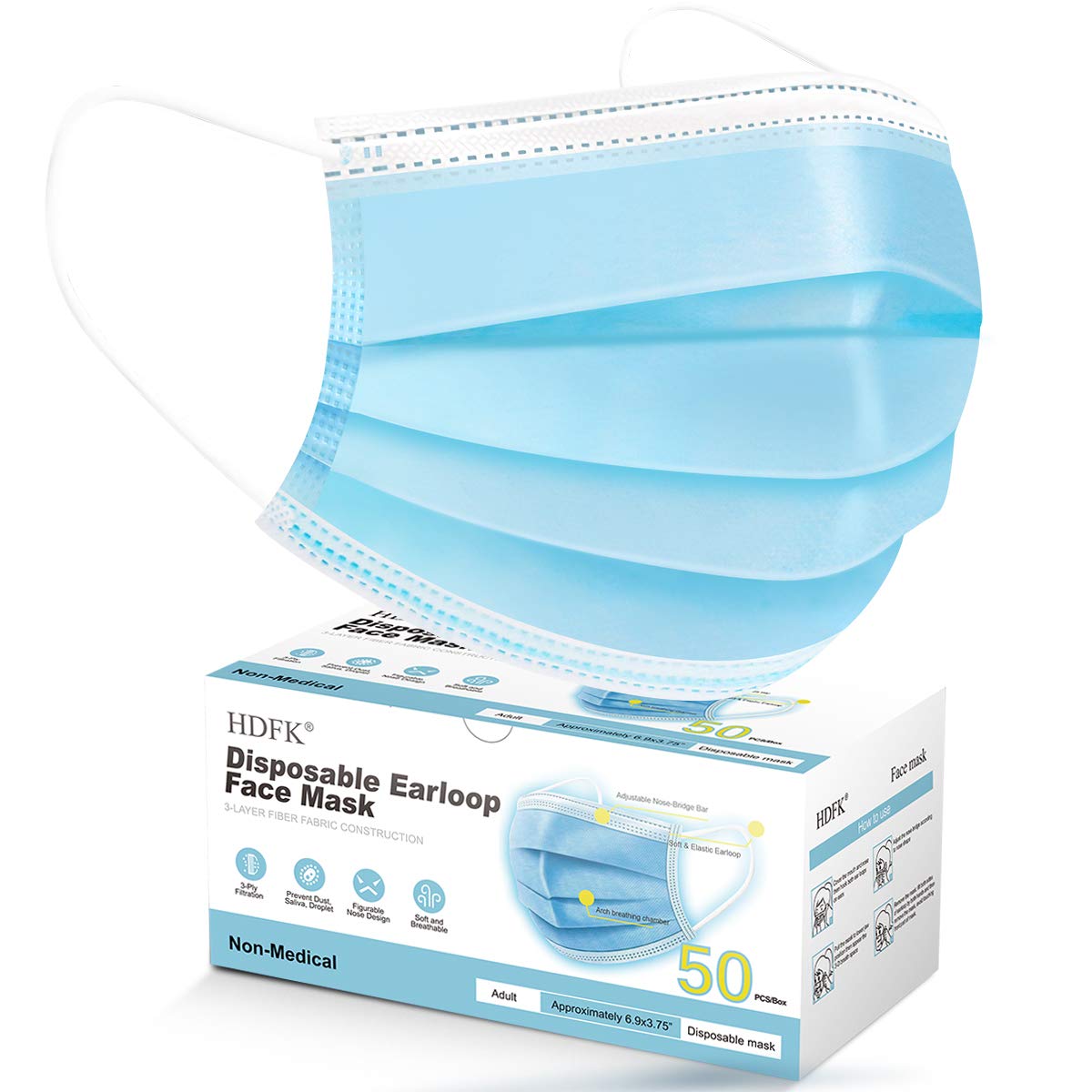 HDFK Face Mask Disposable Adults 3Ply Non-Woven with Nose Clip Ear Loop Blue 50Pack