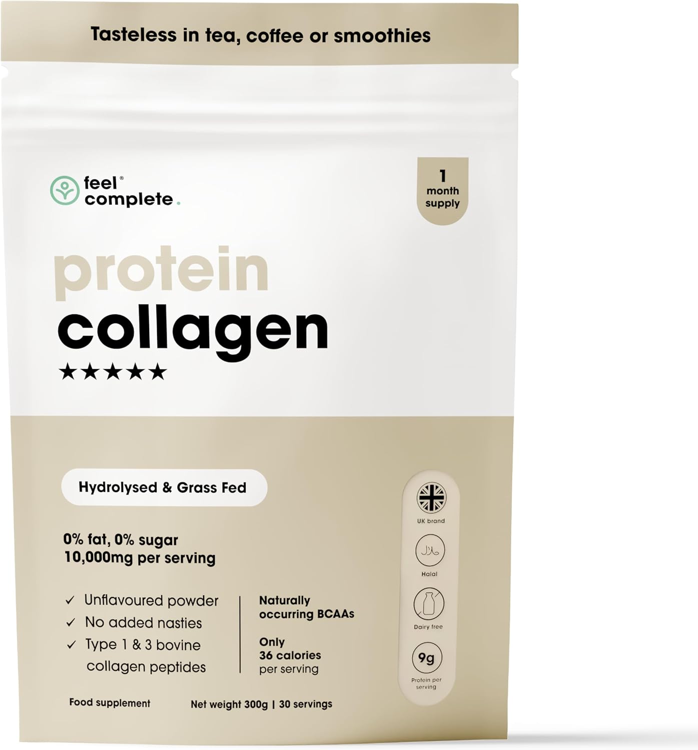 Feel Complete | High Protein Collagen | Grass Fed & Hydrolysed | Premium Type 1 & 3 Hydrolysed Bovine Collagen Peptides | Halal | Skin, Hair & Nails | Includes Amino Acids | 300g | 30 Servings