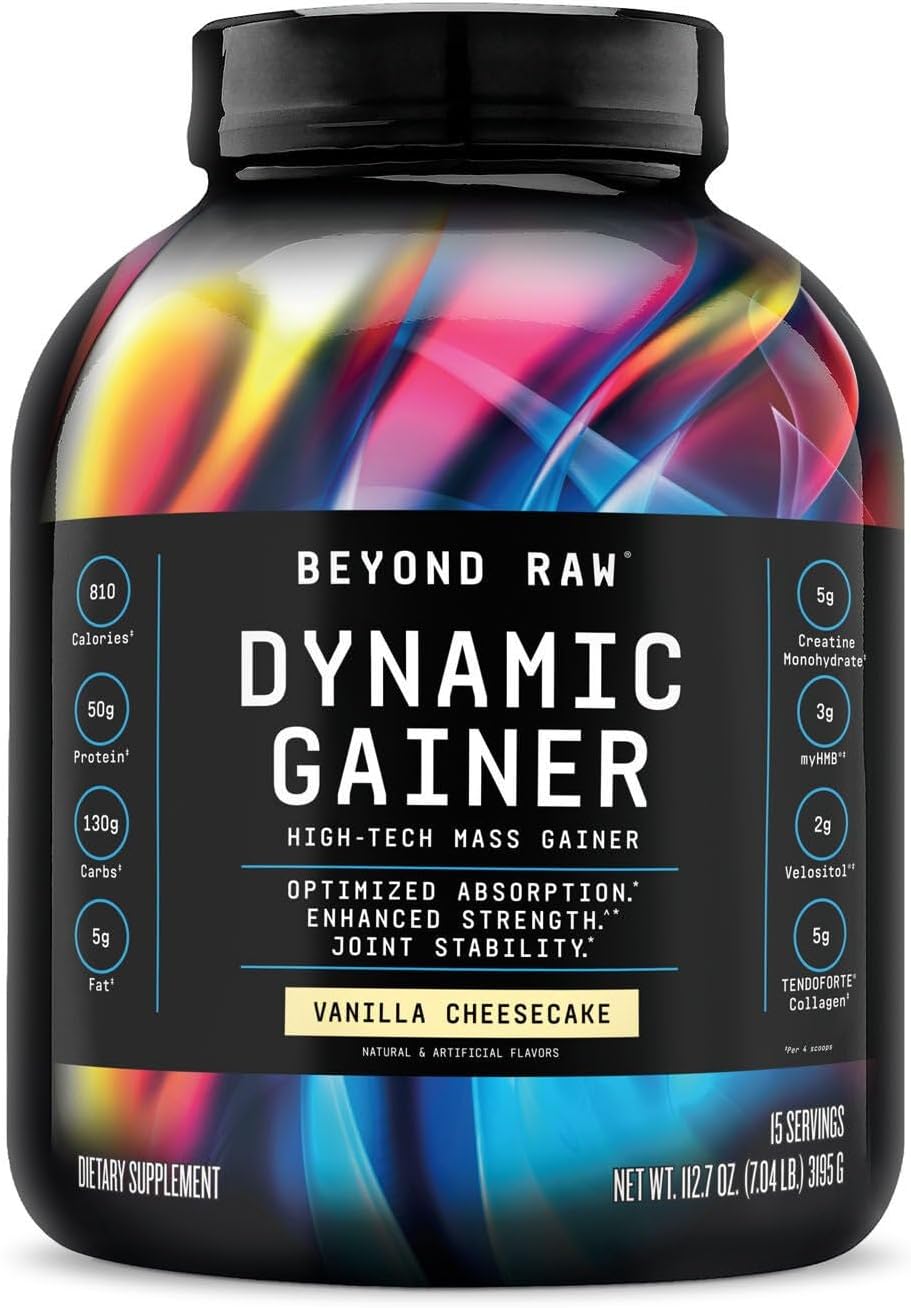 BEYOND RAW Dynamic Gainer | High-Tech Mass Gainer | Optimized Absorption, Enhanced Strength, and Joint Stability | Vanilla Cheesecake | 15 Servings