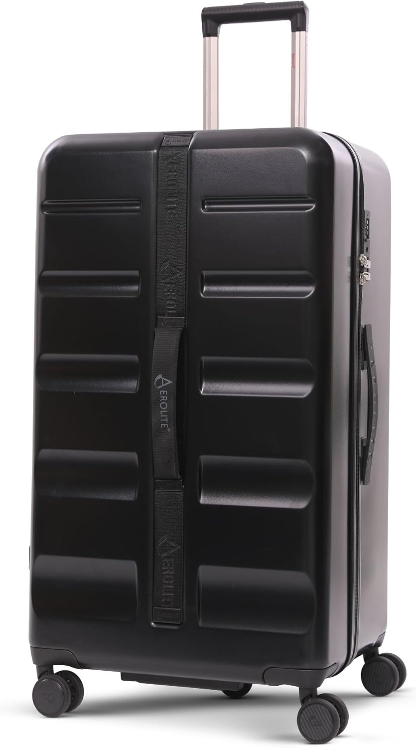 Aerolite Large 101L ABS Hard Shell Check in Checked Hold Travel Spinner Luggage Suitcase Trunk with 4 + 1 Wheels and TSA Approved Lock (Black)