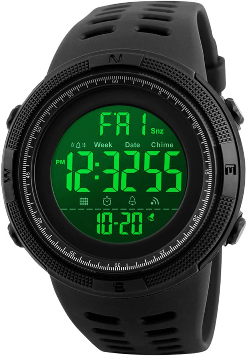 RSVOM Mens Digital Watch - 50M Waterproof Men Sports Watches, Black Big Face LED Military Wrist Watch with Alarm/Countdown Timer/Dual Time/Stopwatch/12/24H Format for Man