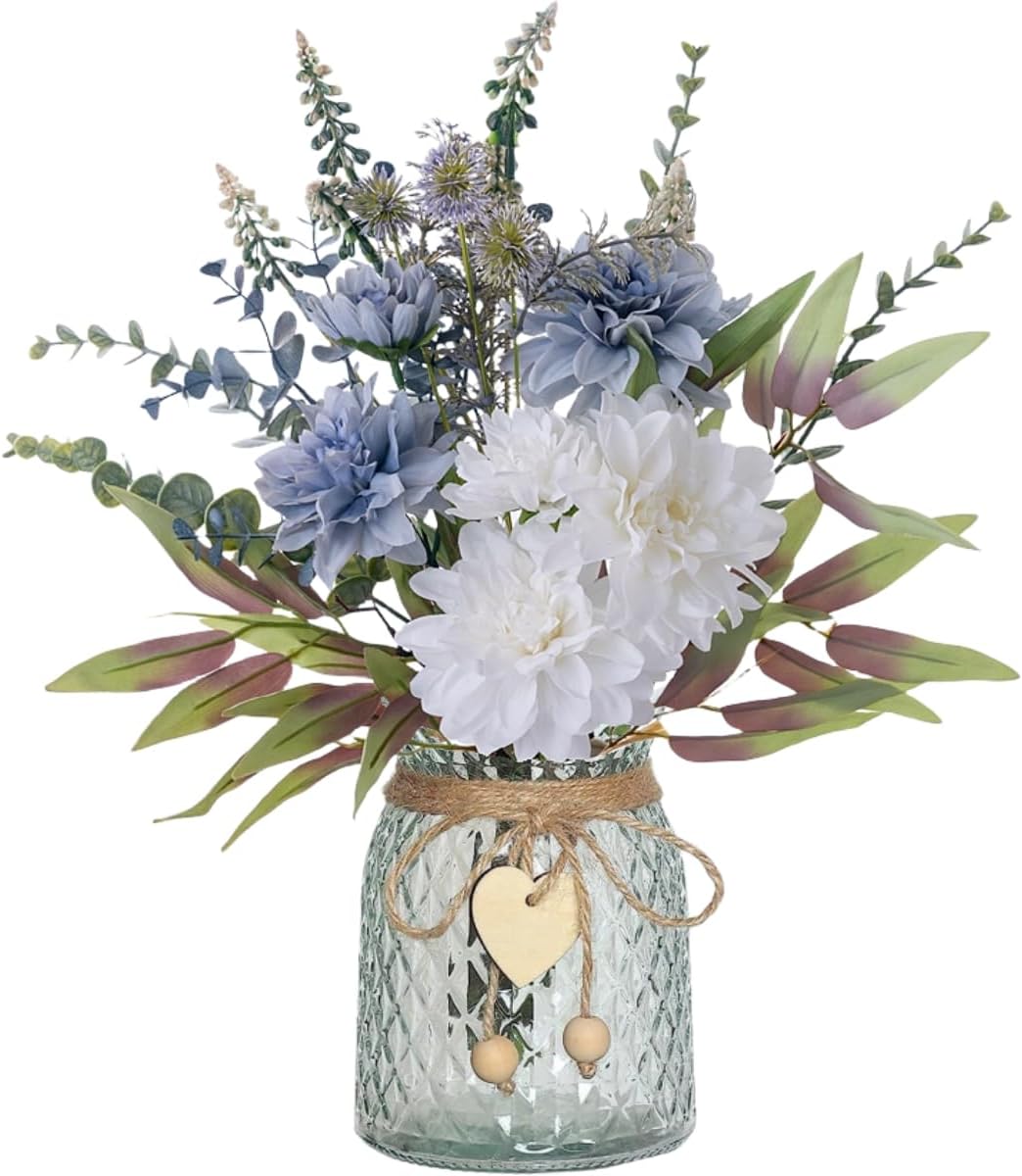 YELIKIT Artificial Flowers with Glass Vase Fake Flower Bouquet Faux Rose in Vases for Home Dcor Flowers Modern Home Decor Table Decorative Flower Vase for Dinner Office Bedroom, Blue