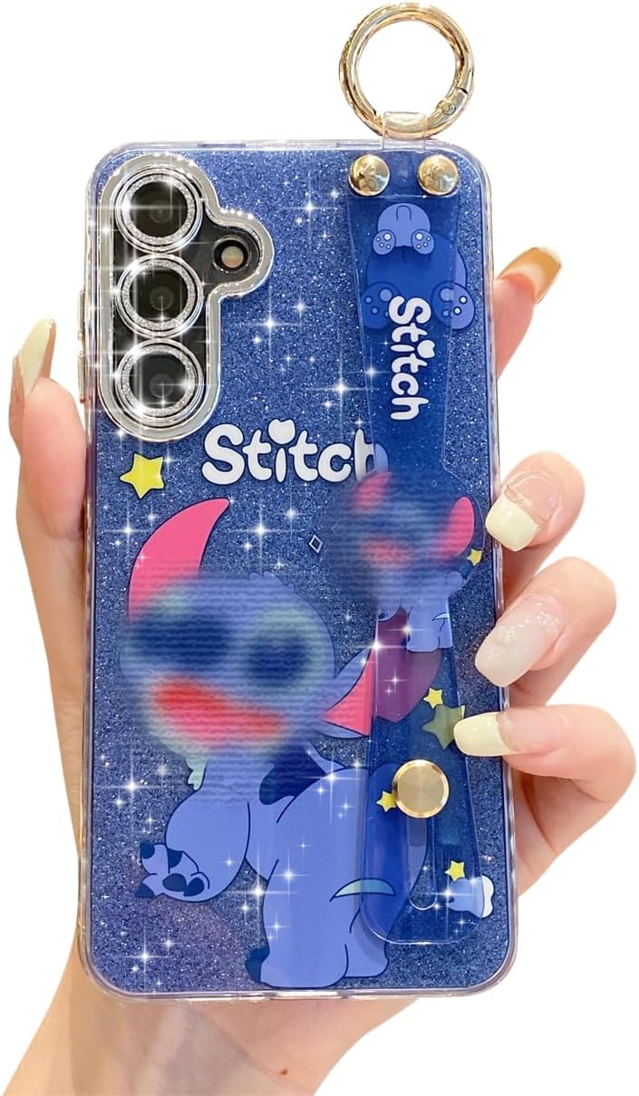 for Samsung Galaxy S24 Plus Case with Wrist Strap Kickstand Cute Glitter Cartoon Camera Lens Protector Shockproof Protective Cover for Women Girls (Stitch 1)