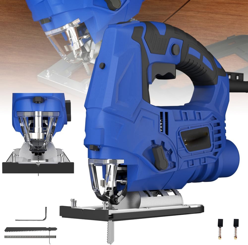 Jigsaw, JAOSY 2000W Electric Jig Saws with Powerful Copper Motor, 6 Variable Speed, 4 Orbital Sets and 0°-45° Bevel Cutting, LED Light, 1 Piece T-Shank Blades, 2M Wire