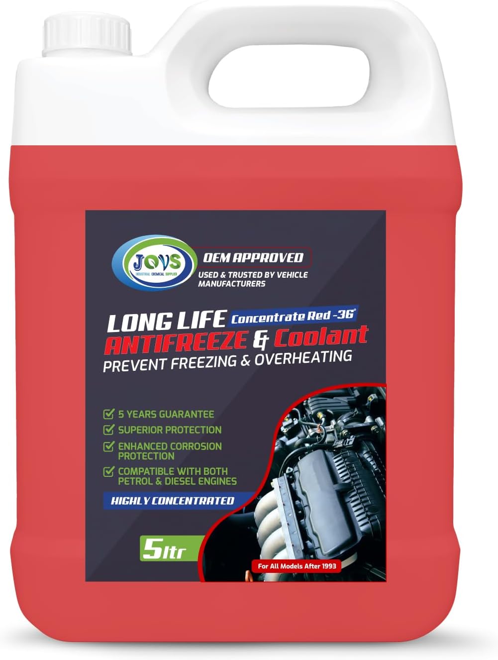 Jovs Antifreeze Engine Coolant Red 5L - Concentrated -36° – All-Year Protection for Your Vehicle from Freezing and Overheating - Suitable for All Cars Frost Prevention Peak Engine Performance.