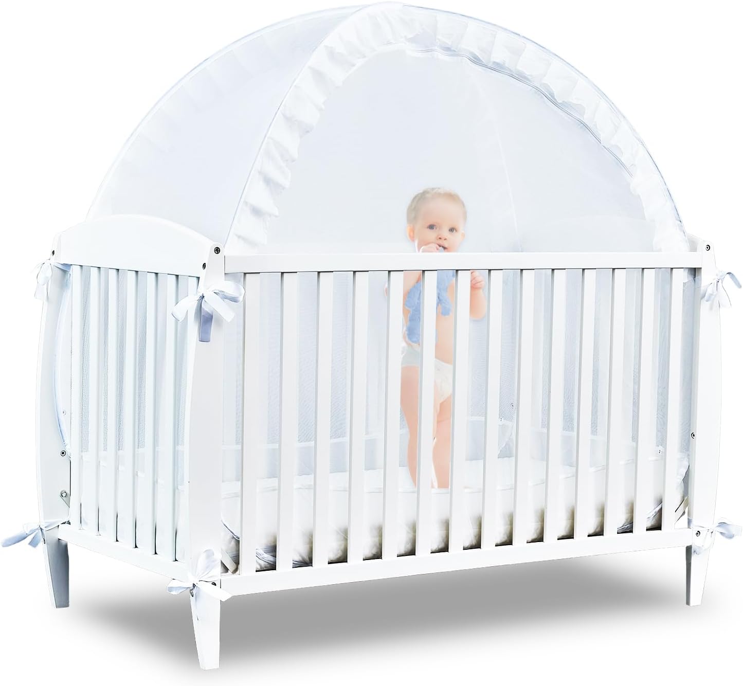 South to East Pop Up Crib Tent - Keep Baby from Climbing Out, Breathable Mesh Net, Strong X Structure, Canopy to Keep Baby in, White Upgraded Bumper, Easy to Install
