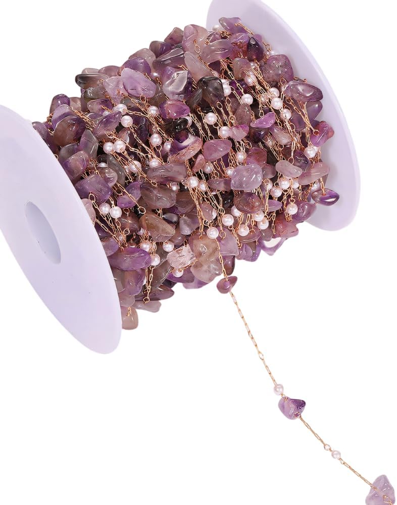 Natural Gemstone and Pearl Chain for DIY Jewellery Making, 3M Long Irregular Stone Beaded Trim, Gold Plated Copper Chain for Necklace Bracelet Crafting Clothing Decoration Accessories
