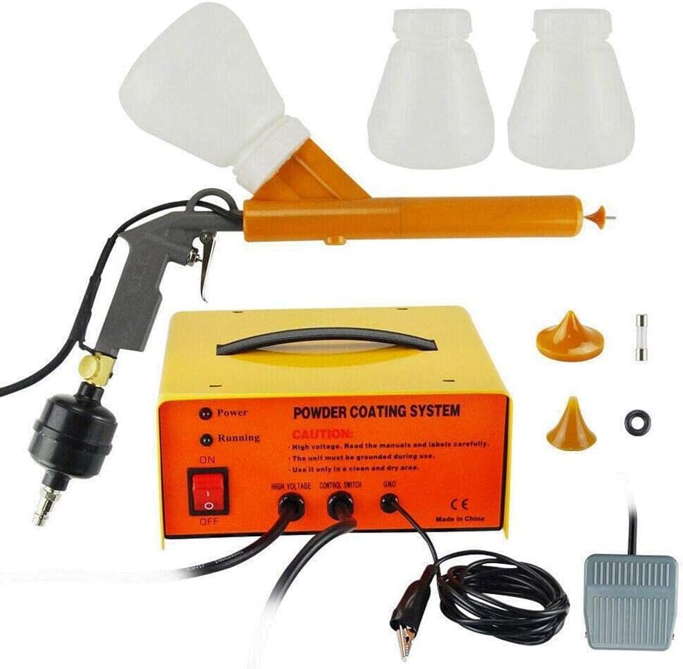 Powder Coating Gun, Electrostatic Powder Coating System, Powder Coat Machine with Spray Gun, Foot Switch, Power Source, 3 Nozzles, 2 Powder Cups