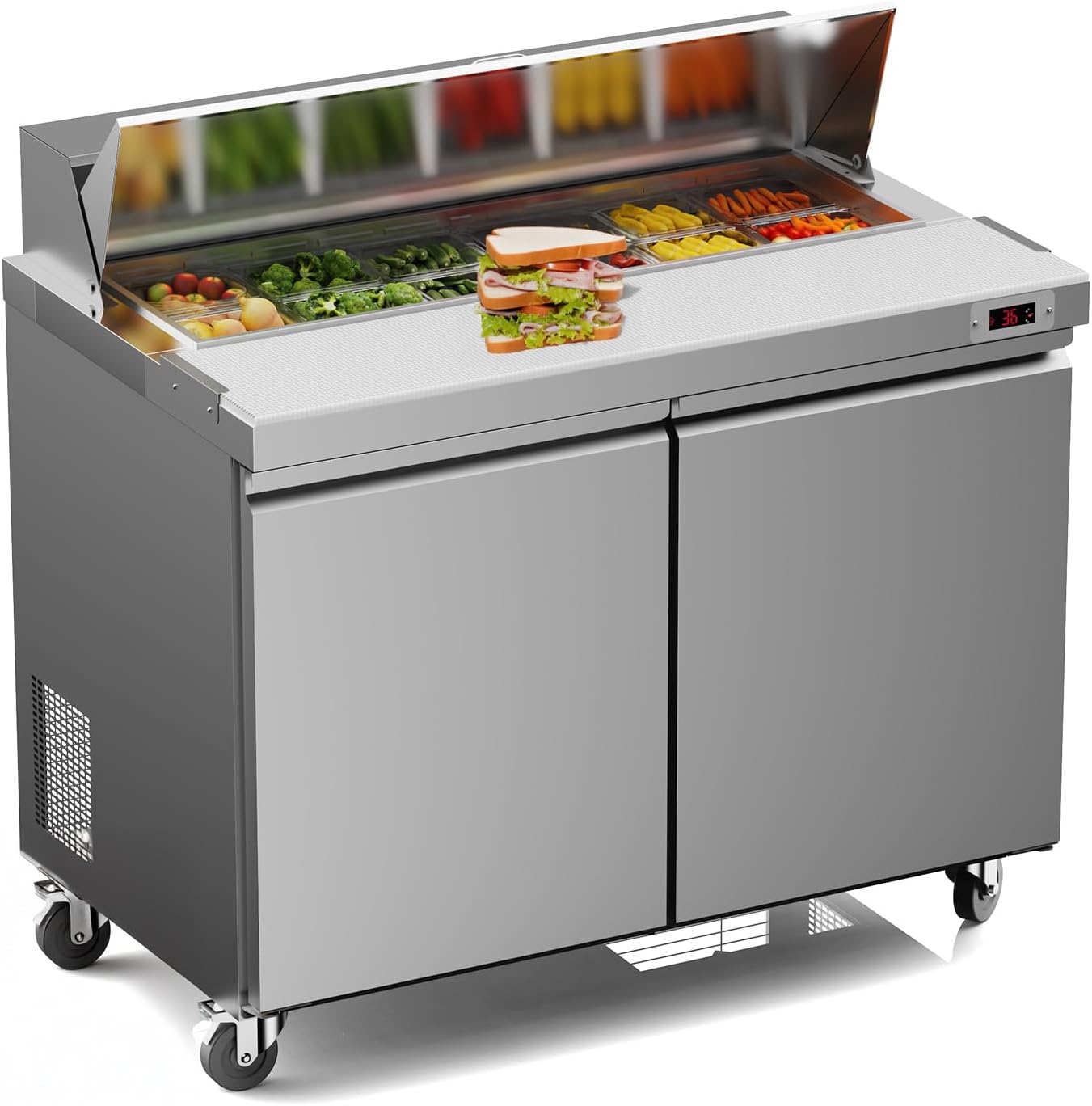 48’’ W Commercial Refrigerator Sandwich Salad Prep Table Refrigerators 2 Door with 12 Pans, Prep Station Fridge for Restaurant, Bars, Shops